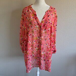 Kut from the Kloth Floral Blouse Chiffon Roll Tab Sleeve Button Plus Size 2X